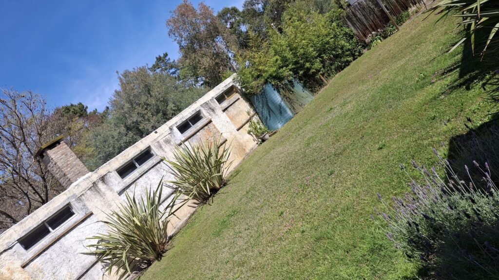 Vista de muro exterior de jardín deteriorado y sin pintar antes de la reforma integral realizada por Deslindar.