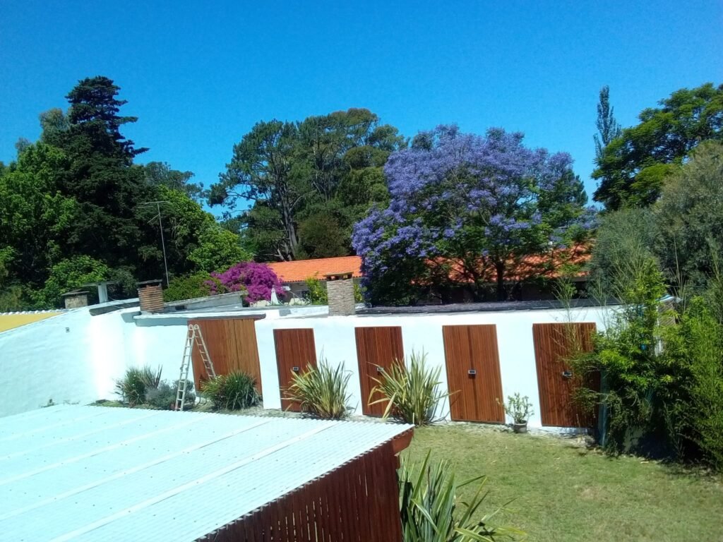 Vista diurna de jardín renovado con muro pintado y detalles en madera, mostrando la integración con el paisaje.